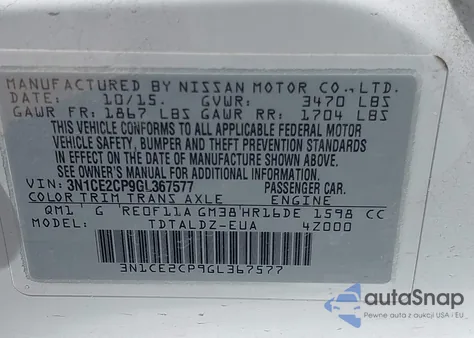 2016 Nissan Versa Note S z USA, uszkodzony, nr VIN 3N1CE2CP9GL367577